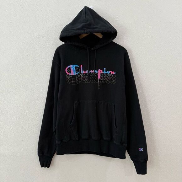 Vintage Champion Reverse Weave Men's Medium Black Holographic Logo Sweatshirt - Picture 1 of 8